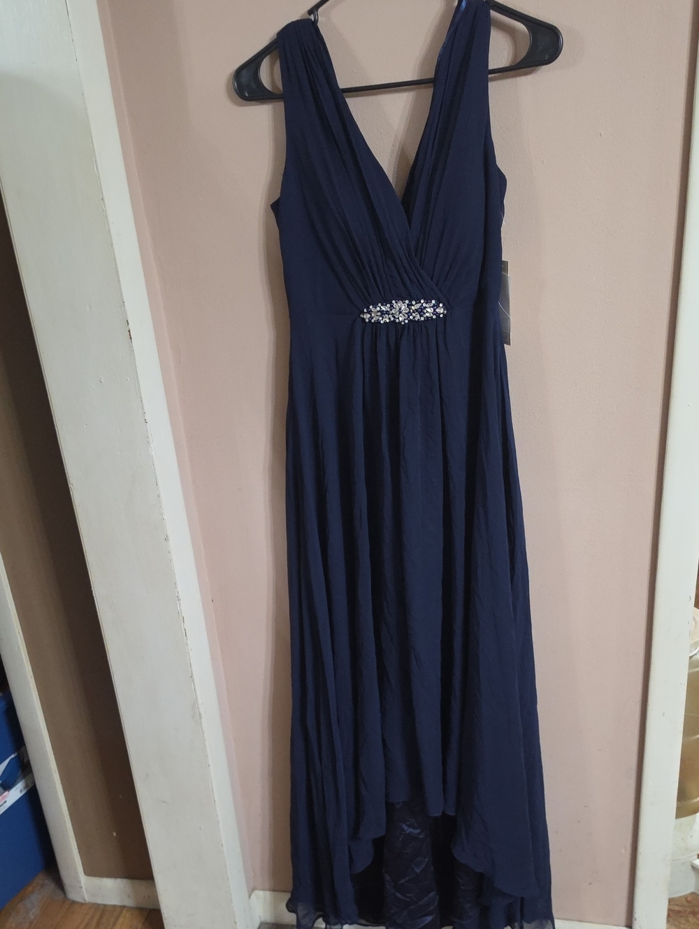 Eliza J Navy Sleeveless V-Neck Maxi Dress with Jeweled Waist